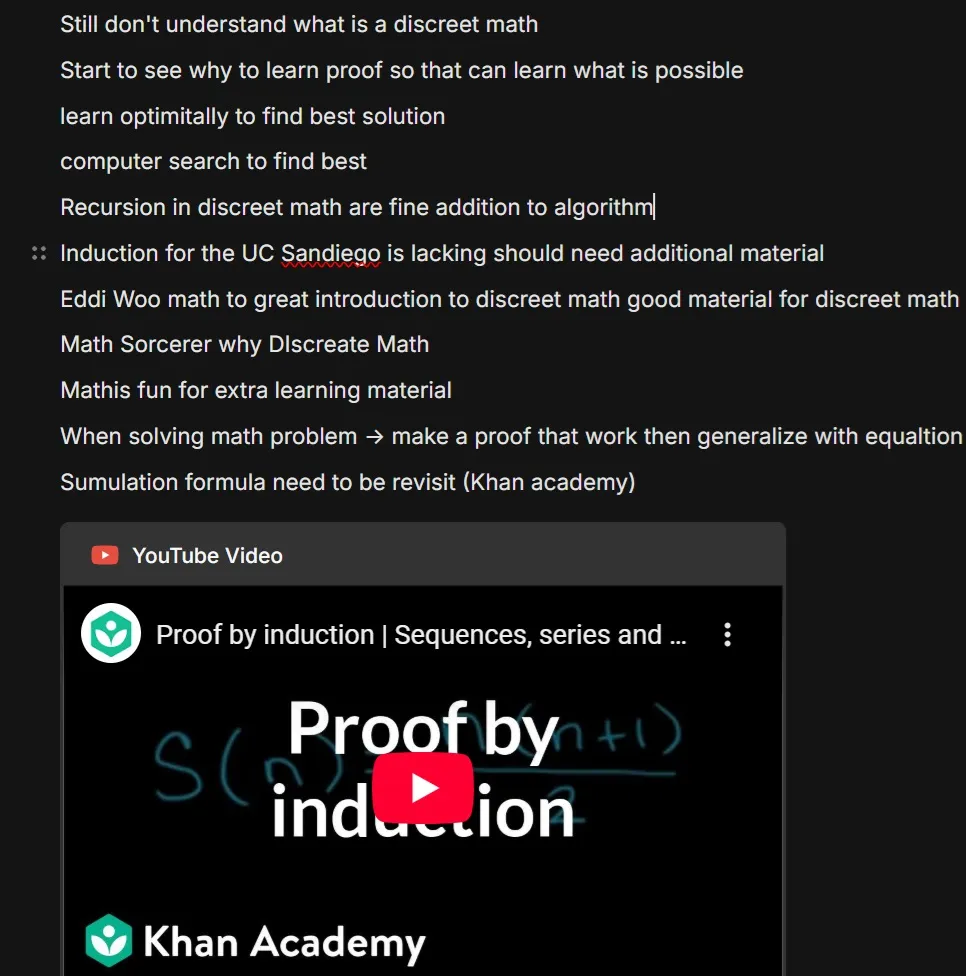 Example of a learning diary showing a simple text document with date, topic 'Linked Lists in JS', resource link, key takeaways, and struggle & solution sections