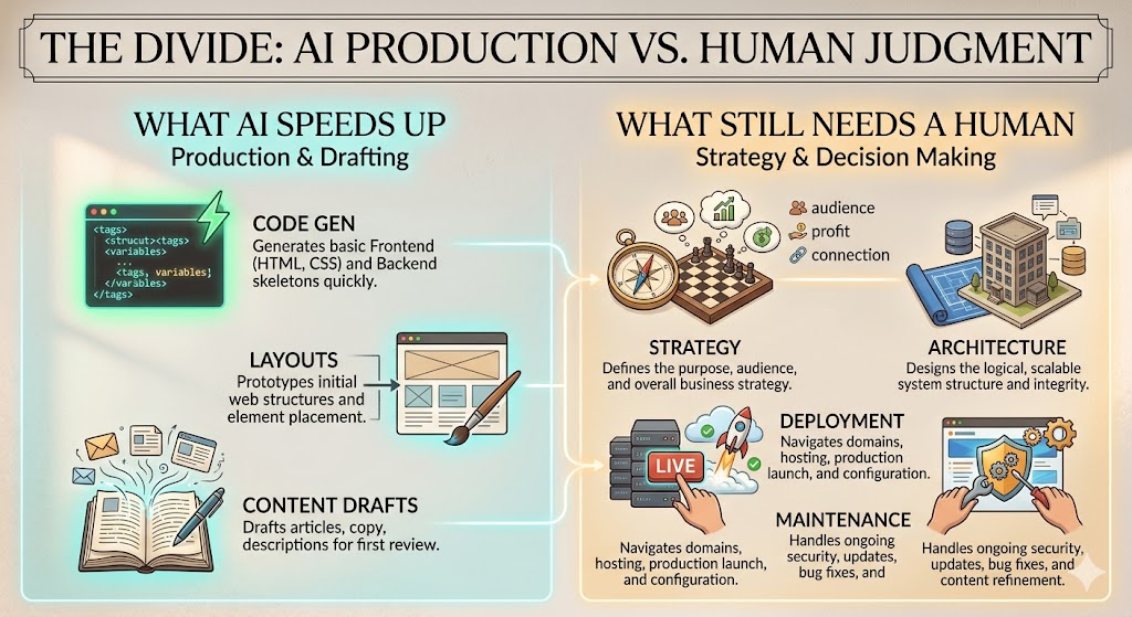 The divide — what AI speeds up versus what still needs human judgment