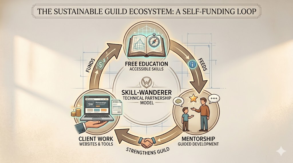 The Skill-Wanderer self-funding loop — client work funds free education and mentorship