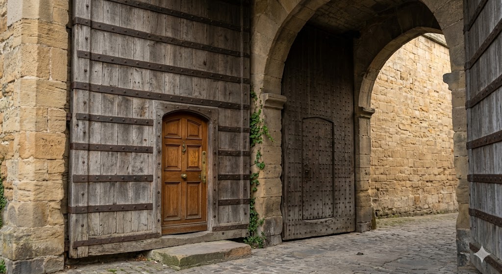 A small wooden door inside a larger gate — a more accessible entry inside the same building