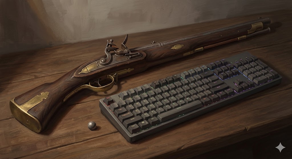 A matchlock musket beside a modern keyboard — the practitioner essay meets the market essay