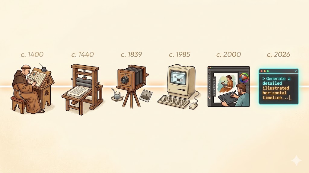 A timeline of access — manuscript, printing press, early camera, early Mac, Photoshop, AI prompt