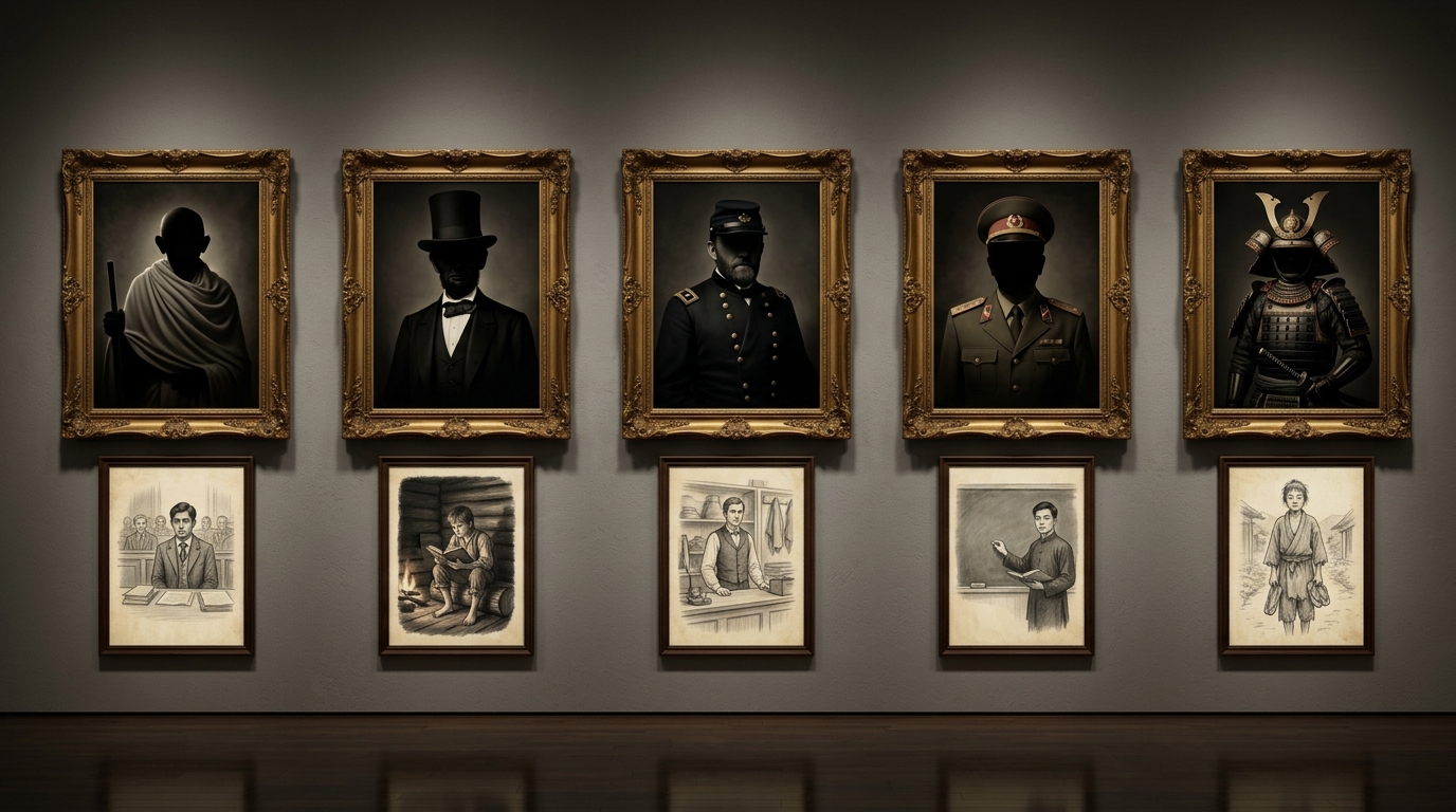 Five dark portrait frames, each above a humble sketch of who that leader was before