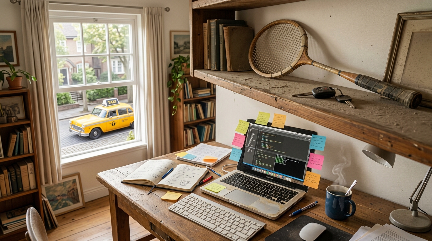 A dusty badminton racket and car key, with a well-used desk and a taxi waiting outside