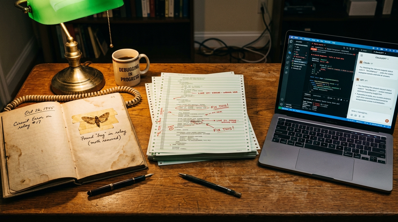 A logbook moth, a 1980s printout full of red ink, and a modern failing test