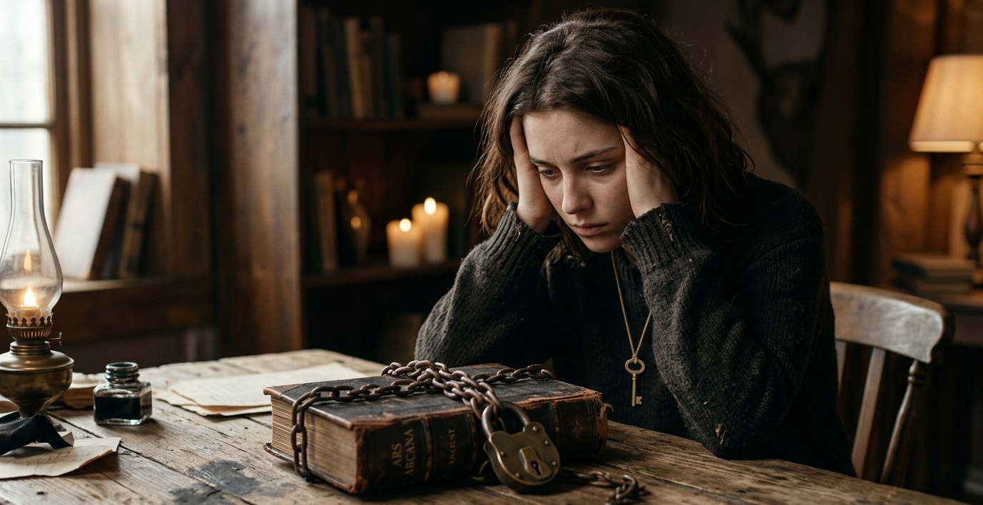 A book locked shut, with the key hanging unnoticed around the reader's own neck