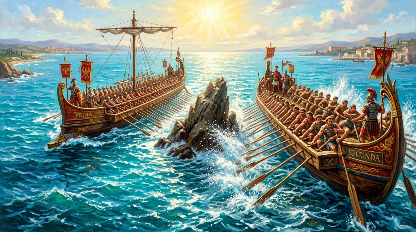 A trailing crew in an ancient boat race, closing the gap on the leader