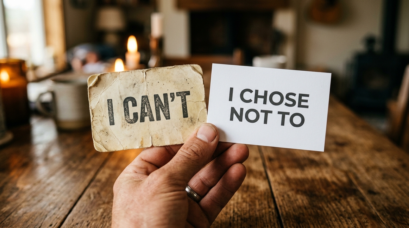 Two cards: a worn 'I can't' and a crisp 'I chose not to'
