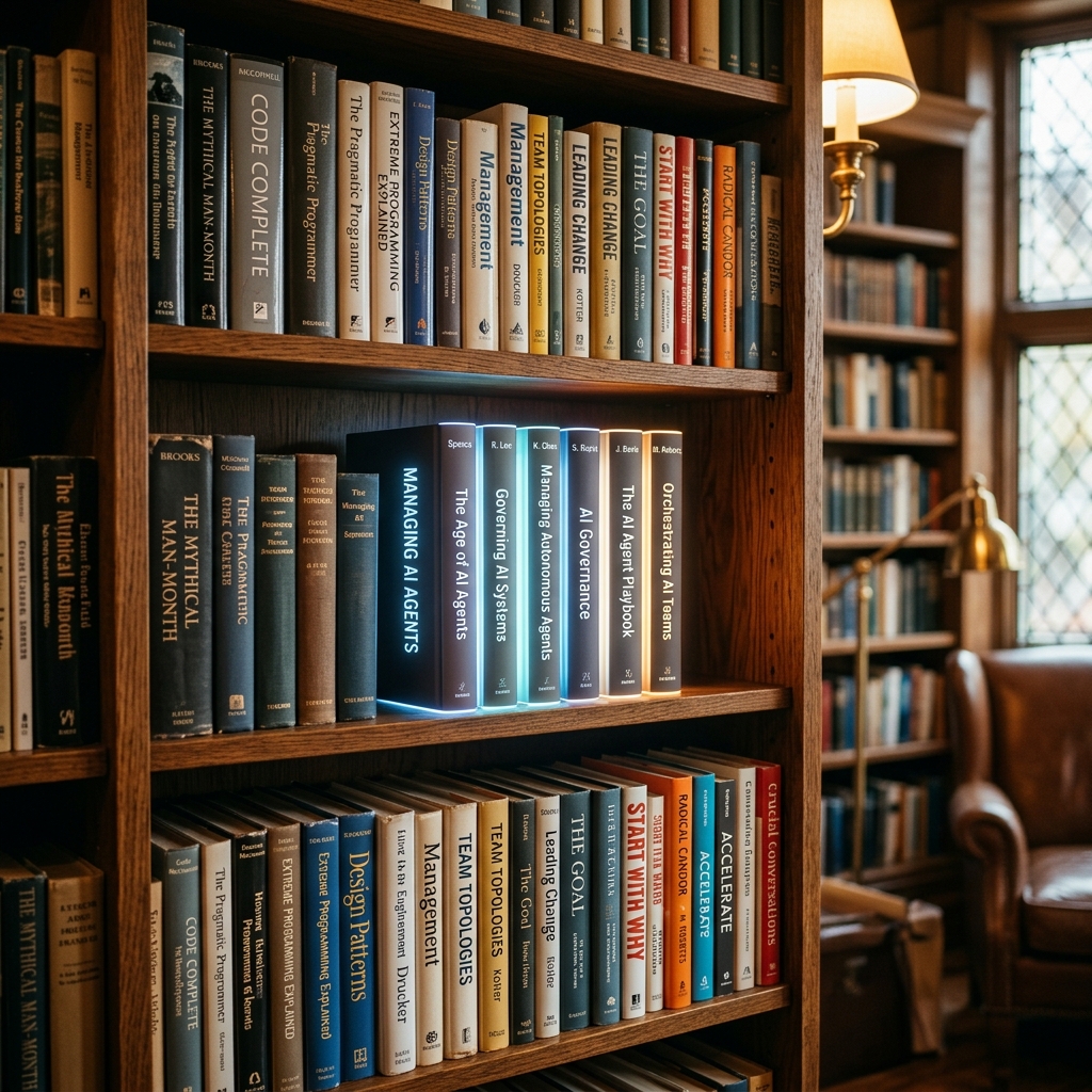 A shelf of leadership and management books — the syllabus for leading AI was already written