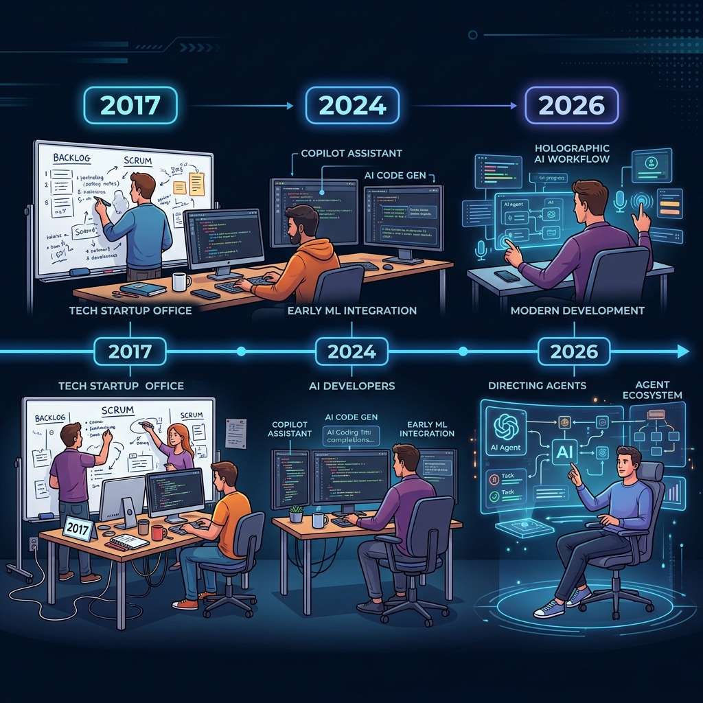Timeline from 2017 in tech, to early 2024 when AI coding was still a joke, to 2026
