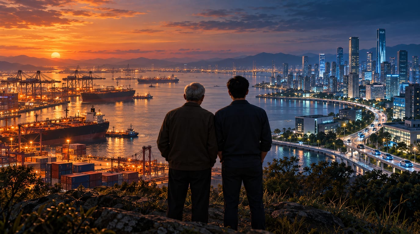A father and son looking out at two horizons: an oil port and a city of screens