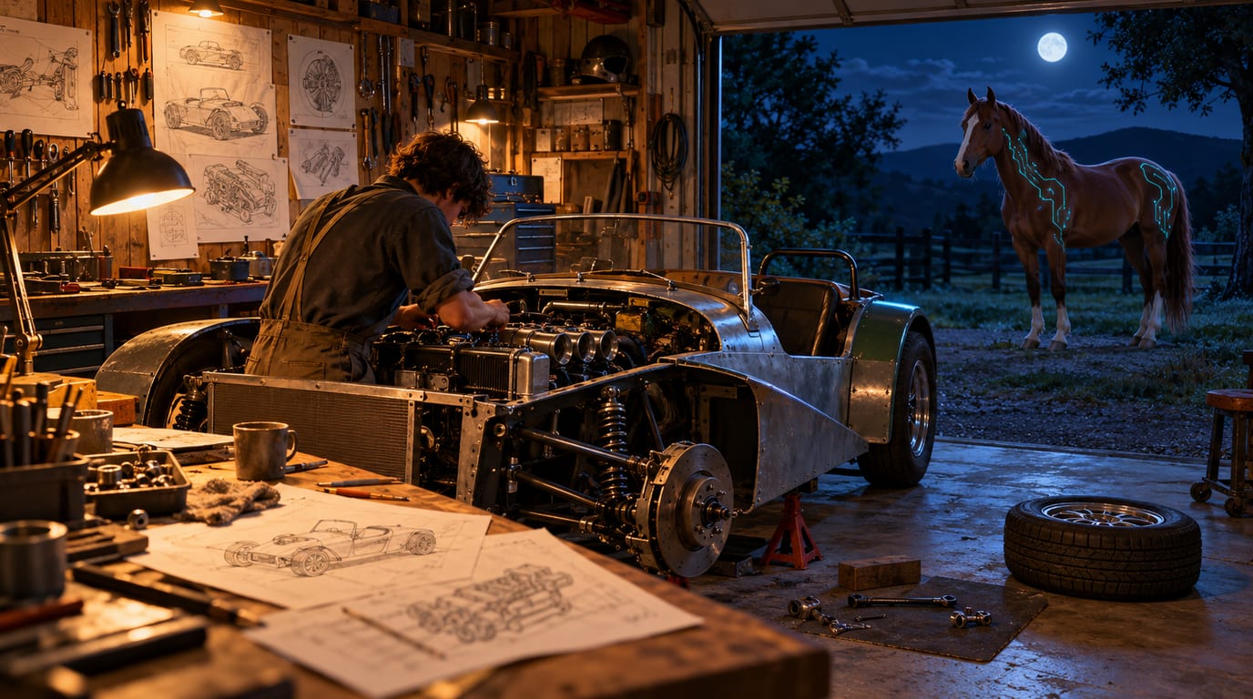 A learner building a car at night while the AI horse waits outside