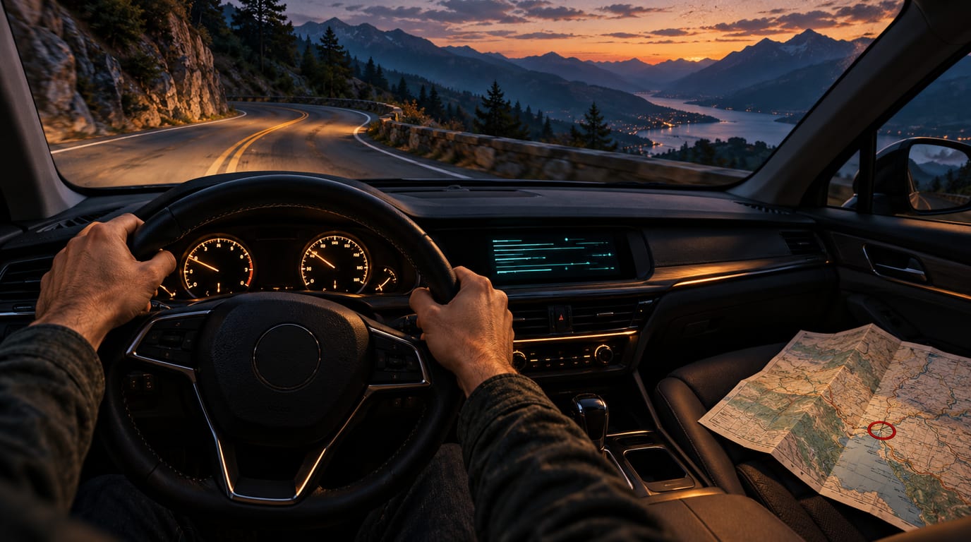 A driver's hands on the wheel, with a destination circled on the map beside them