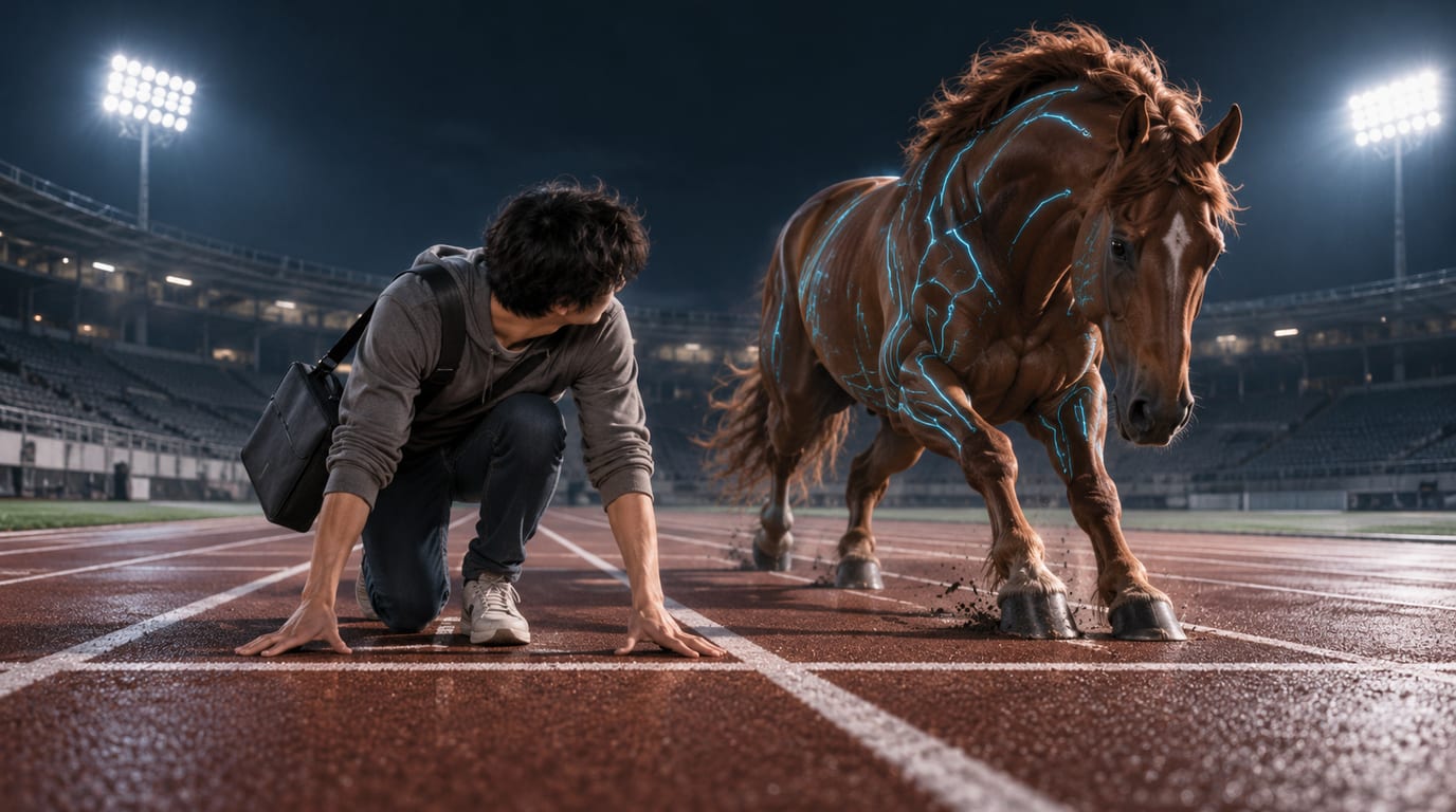 A nervous learner on the starting line, next to a glowing AI horse