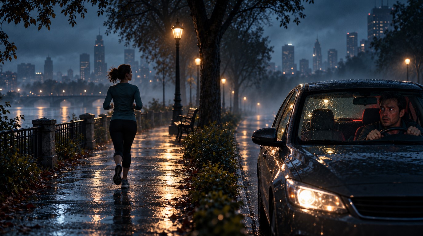 A jogger running for fun while a driver heads to work on the road beside the park