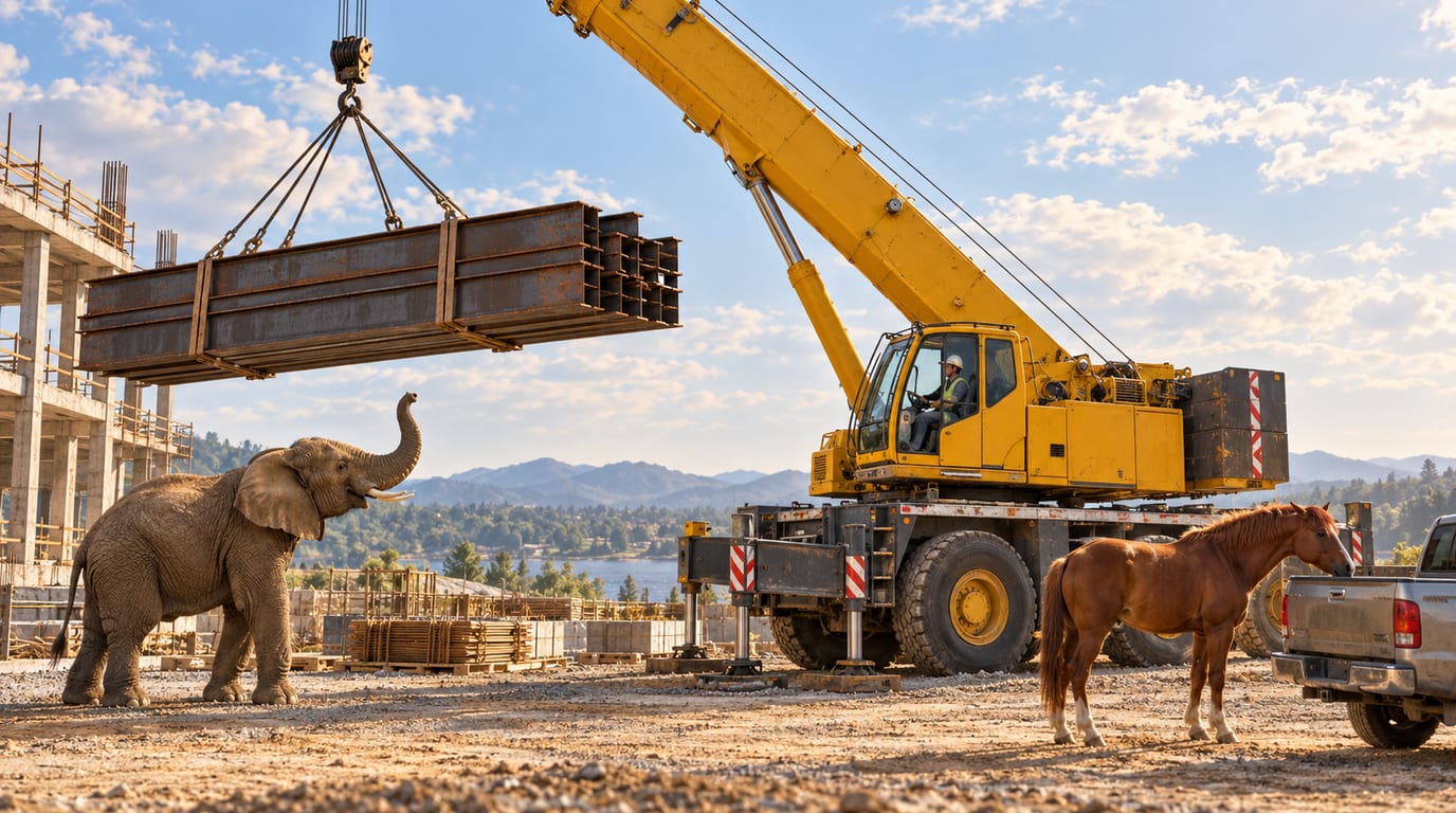 A crane operator lifting a huge load while an elephant watches, impressed