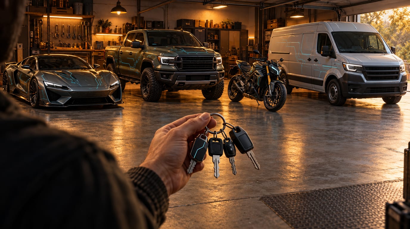 A garage of different vehicles, and a person choosing which keys to take
